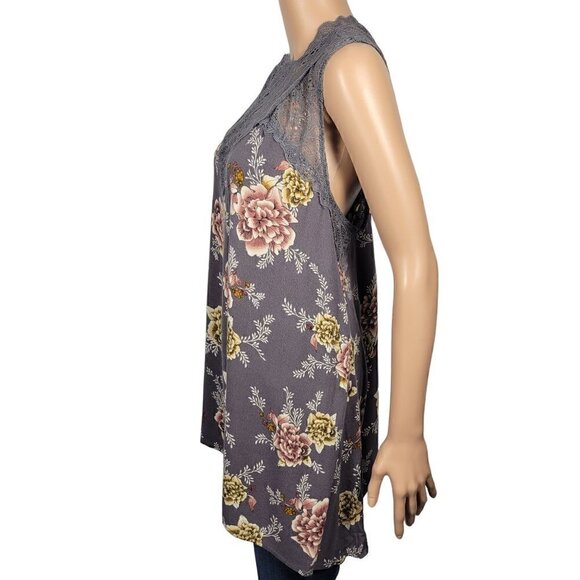 Torrid Women's Lace Mock Neck Floral Flowy Grey Tank Keyhole Back Size 1 (14/16) - Picture 5 of 11